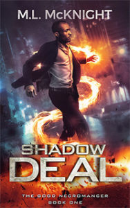 Shadow Deal cover. African American man in a suit surrounded by fire against an urban backdrop